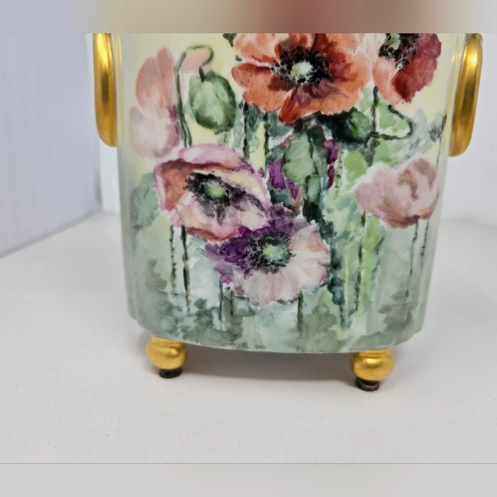 Antique Beauty Limoges Hand-painted Poppy Flower With Gold Accent Cachepot Vase